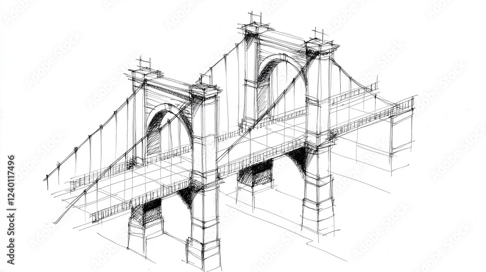 Obraz premium Suspension Bridge Line Drawing: A meticulous line drawing of a majestic suspension bridge, capturing the intricate details of its structure and design in a timeless black and white aesthetic.