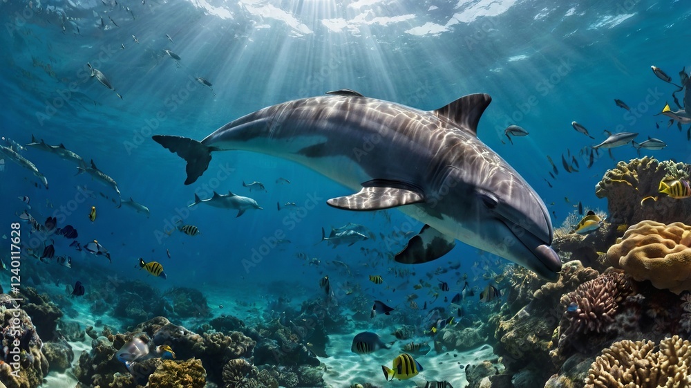 Naklejka premium Dolphin Swimming Amidst Vibrant Coral Reef in Sunlit Ocean
