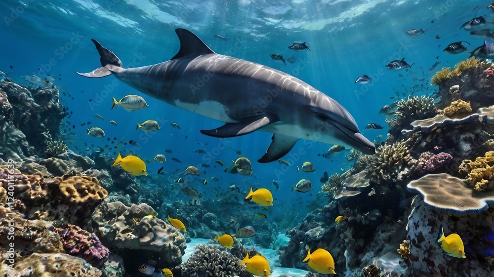 Dolphin swimming amidst vibrant coral reef and diverse fish in clear ocean water Dolphin swimming amidst vibrant coral reef and diverse fish in clear ocean water