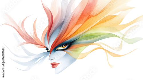 Woman with vibrant multihued hair and striking white makeup, a captivating artistic portrait photo