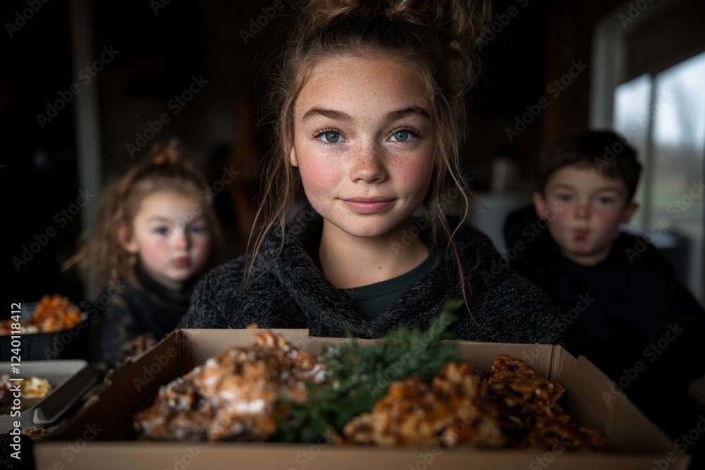 A mother packing school lunches early on a weekday morning, while her children eat breakfast in the background A mother packing school lunches early on a weekday morning, while her children eat breakfast in the background