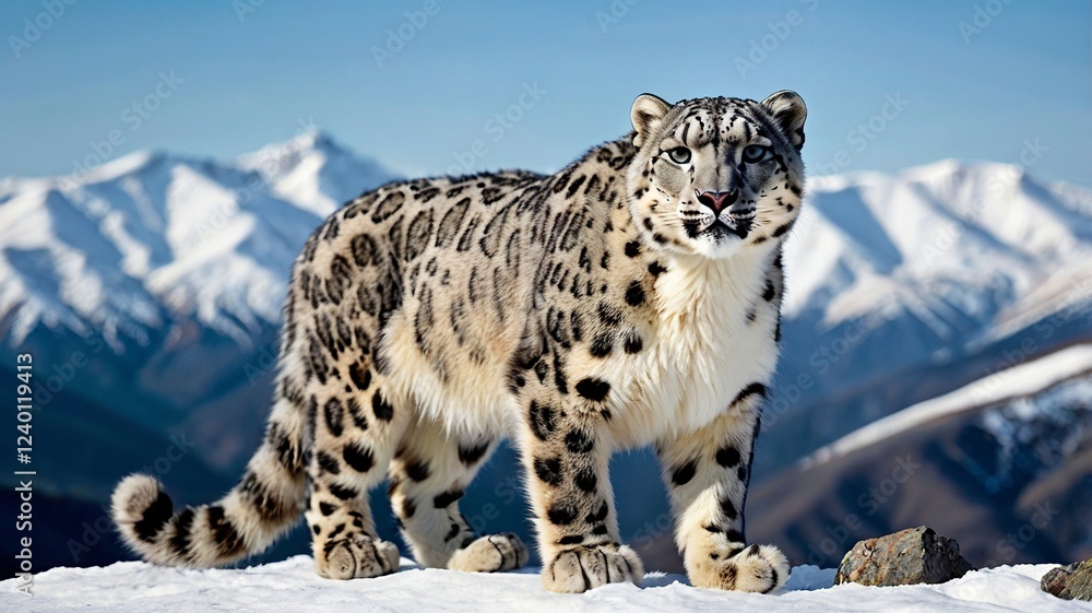 Fototapeta premium Majestic Snow Leopard in Snowy Mountain Range