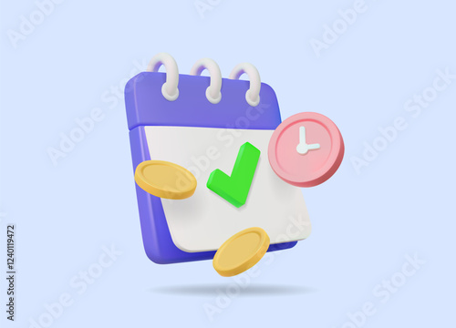 3D vector render illustration of a notebook style calendar icon with a check mark in the center with a clock and gold coins, salary concept. budget planning and managing financial transactions, time