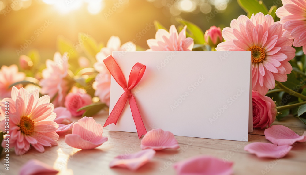 Obraz premium Blank card with pink flowers on wooden table
