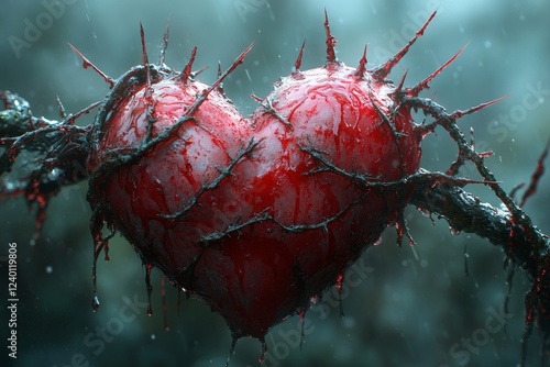 Bleeding heart, thorns, rain, dark forest, gothic art
