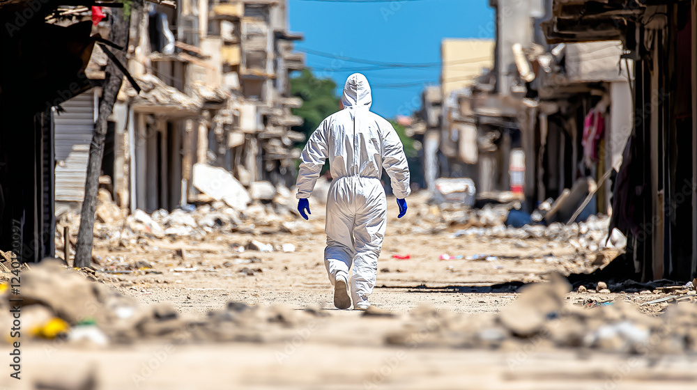 A Hazmat Worker in a War-Torn City: A lone hazmat worker walks through the debris of a war-torn city. The image evokes a sense of loss and devastation. A Hazmat Worker in a War-Torn City: A lone hazmat worker walks through the debris of a war-torn city. The image evokes a sense of loss and devastation.