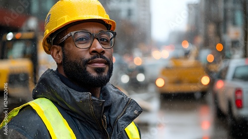 Confident worker, urban construction site, city background, portrait photo