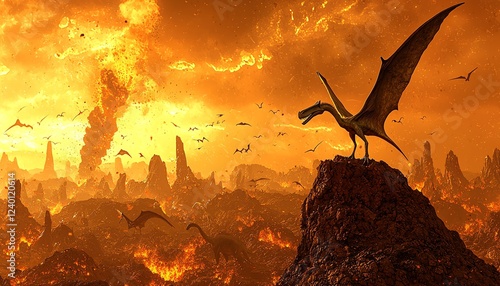 A prehistoric scene of a pterodactyl standing atop a volcanic rock overlooking a primordial landscape filled with dinosaurs and erupting volcanoes in the distance photo