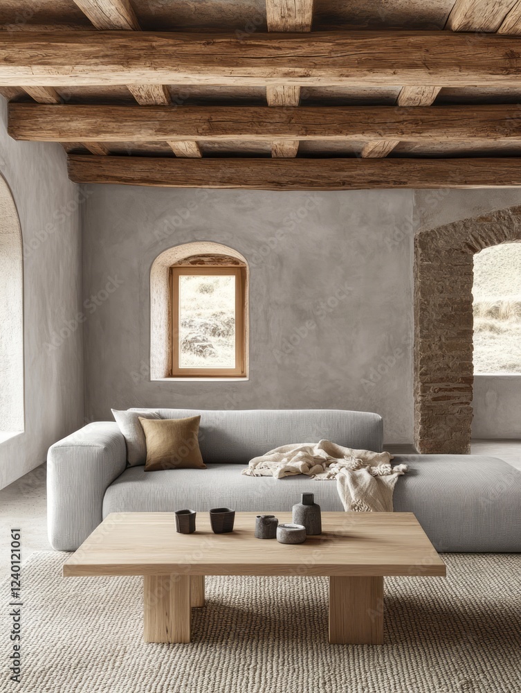 Obraz premium Modern Living Room with Wooden Beams and Neutral Tones