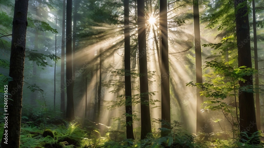 Obraz premium Sunlit Forest with Foggy Atmosphere