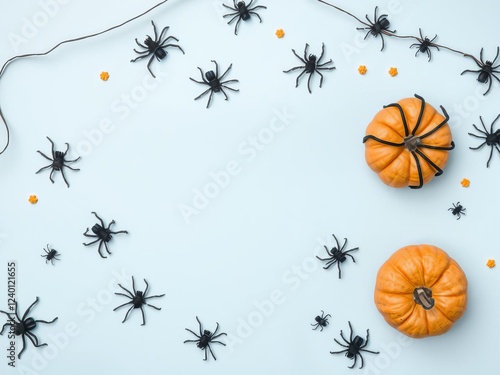 Top view of Halloween decorations including pumpkin silhouettes and spiders on pastel blue background with blank space, silhouettes, pumpkin photo