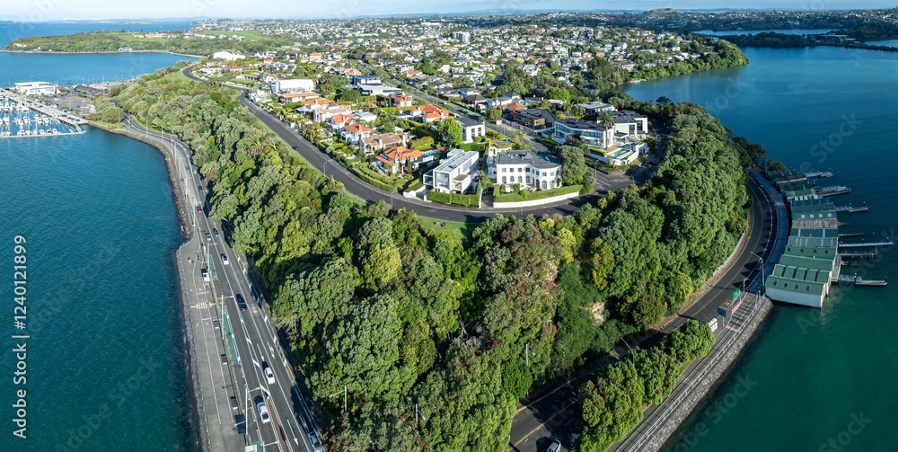 Naklejka premium Coastal Auckland, New Zealand. Residential homes and marina nestled along a scenic waterfront road. Aerial view. PARATAI DRIVE, ORAKEI, AUCKLAND, NEW ZEALAND