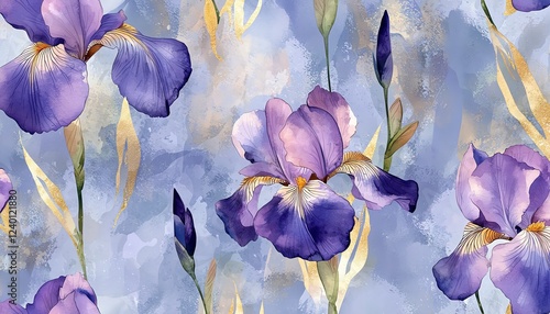 Soft watercolor irises interconnected, indigo and soft gold tones, delicate brush strokes, romantic seamless pattern design, graceful flower movement photo