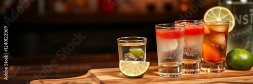 Wallpaper Mural Three shot glasses of fizzy drink on wooden board with lime slices, beverage, bubbles Torontodigital.ca