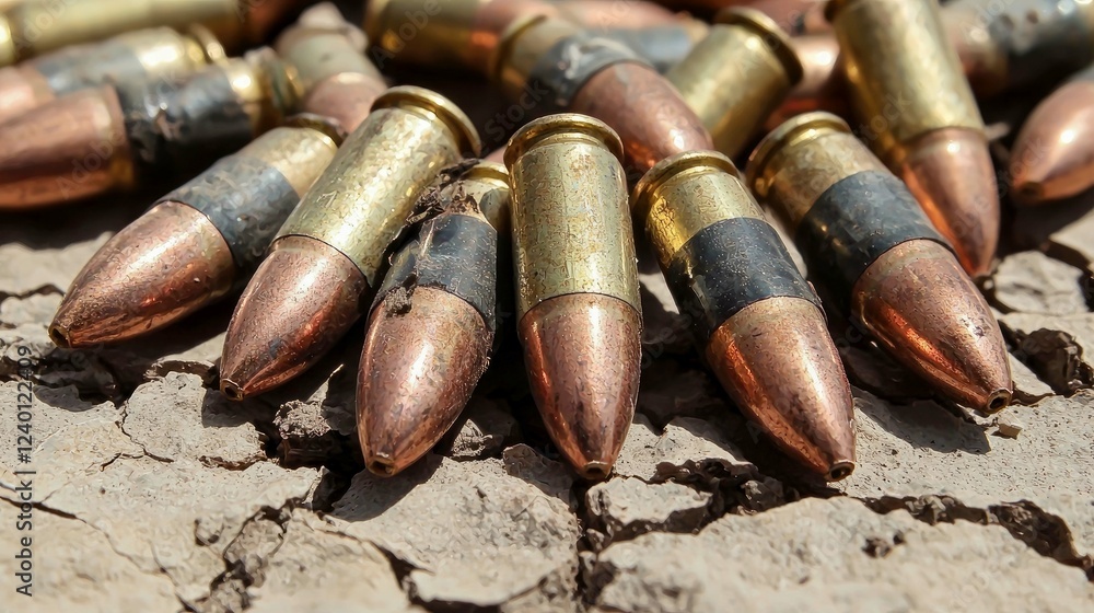 Close-up view of bullets on the ground, symbolizing war, conflict, and violence. A poignant image reflecting the devastating impact of armed conflict. Close-up view of bullets on the ground, symbolizing war, conflict, and violence. A poignant image reflecting the devastating impact of armed conflict.