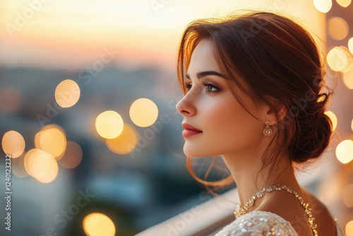 female wearing elegant jewelries and beautiful conservative modern white dress, standing on the balcony and looking at the fireworks. photo