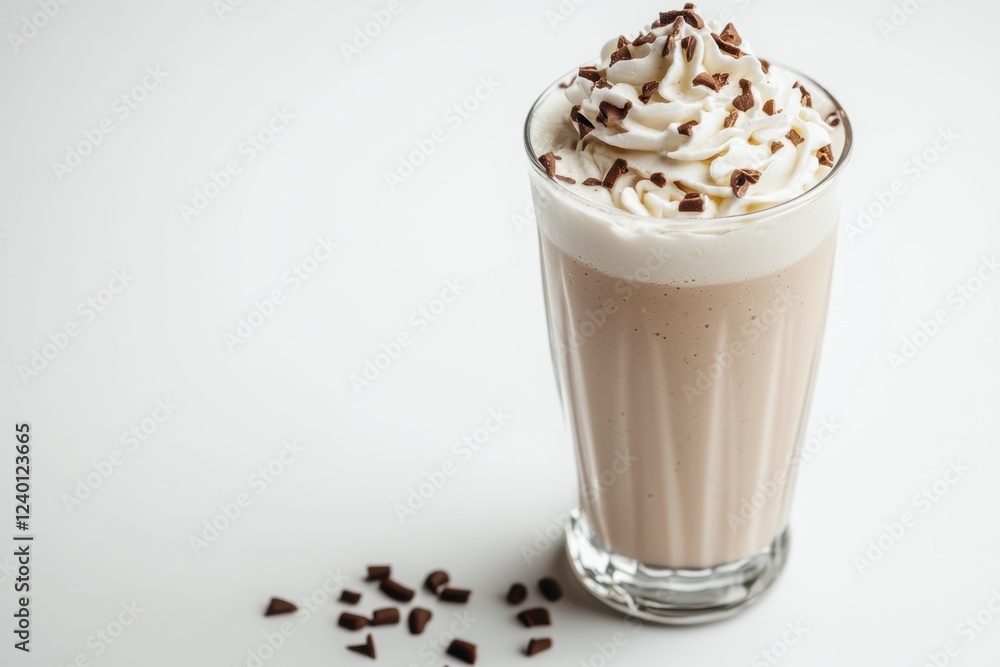 Creamy milkshake topped with whipped cream and chocolate shavings Creamy milkshake topped with whipped cream and chocolate shavings