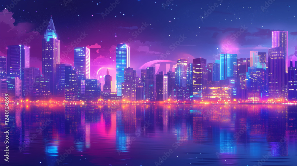 A vibrant city skyline at night with illuminated buildings and a river reflecting the lights. A vibrant city skyline at night with illuminated buildings and a river reflecting the lights.