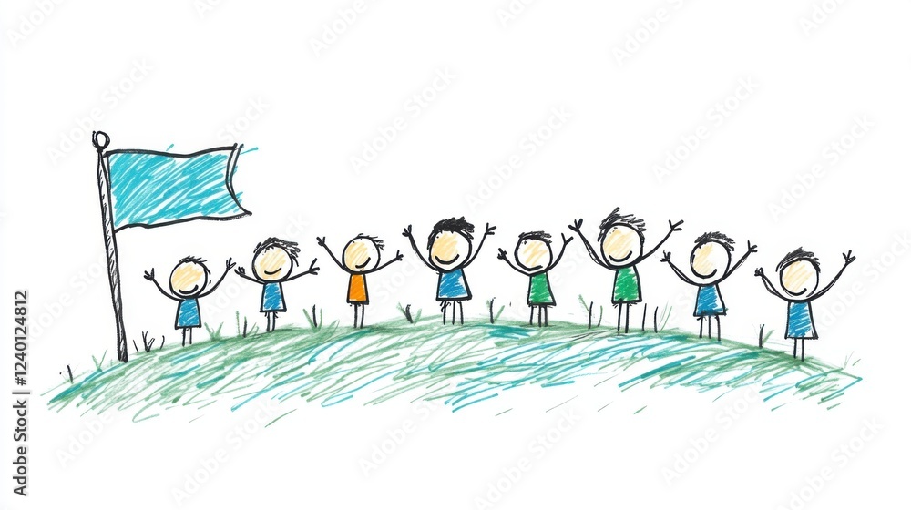 Fototapeta premium Happy Diverse Children Celebrating Together with a Flag on a Hill in a Colorful Hand-Drawn Style