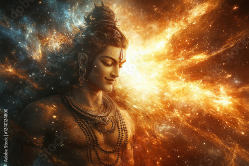 Shiva amidst His ferocious Tandava dance, with a cosmic backdrop of galaxies and stars. His divine energy spreads outwards