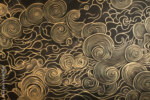 Abstract swirling golden cloud patterns on a dark background, creating a dynamic visual flow
