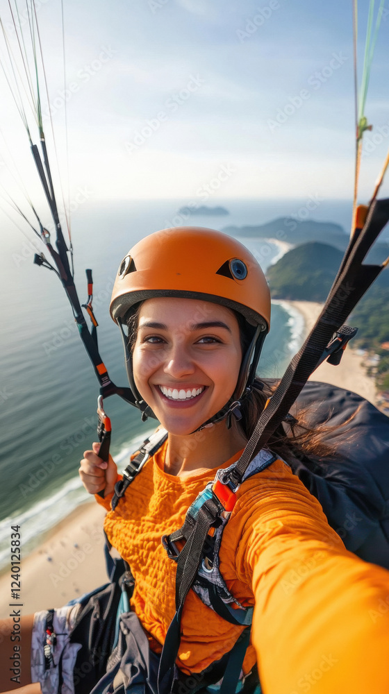 Fototapeta premium Woman doing paragliding and taking selfie
