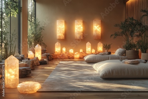 Serene spa room with crystal lights  meditation cushions  plants