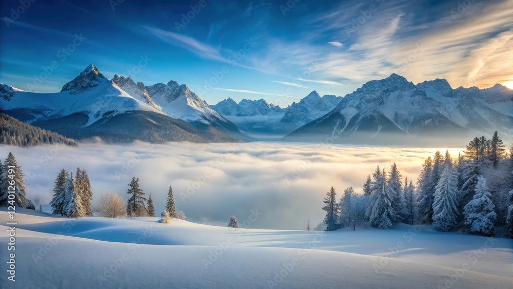 Serene Winter Mountain Panorama Snow-Covered Peaks and a Sea of Clouds at Sunrise Serene Winter Mountain Panorama Snow-Covered Peaks and a Sea of Clouds at Sunrise
