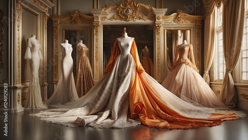 Luxurious and opulent studio setting featured a gown on a mannequin photo