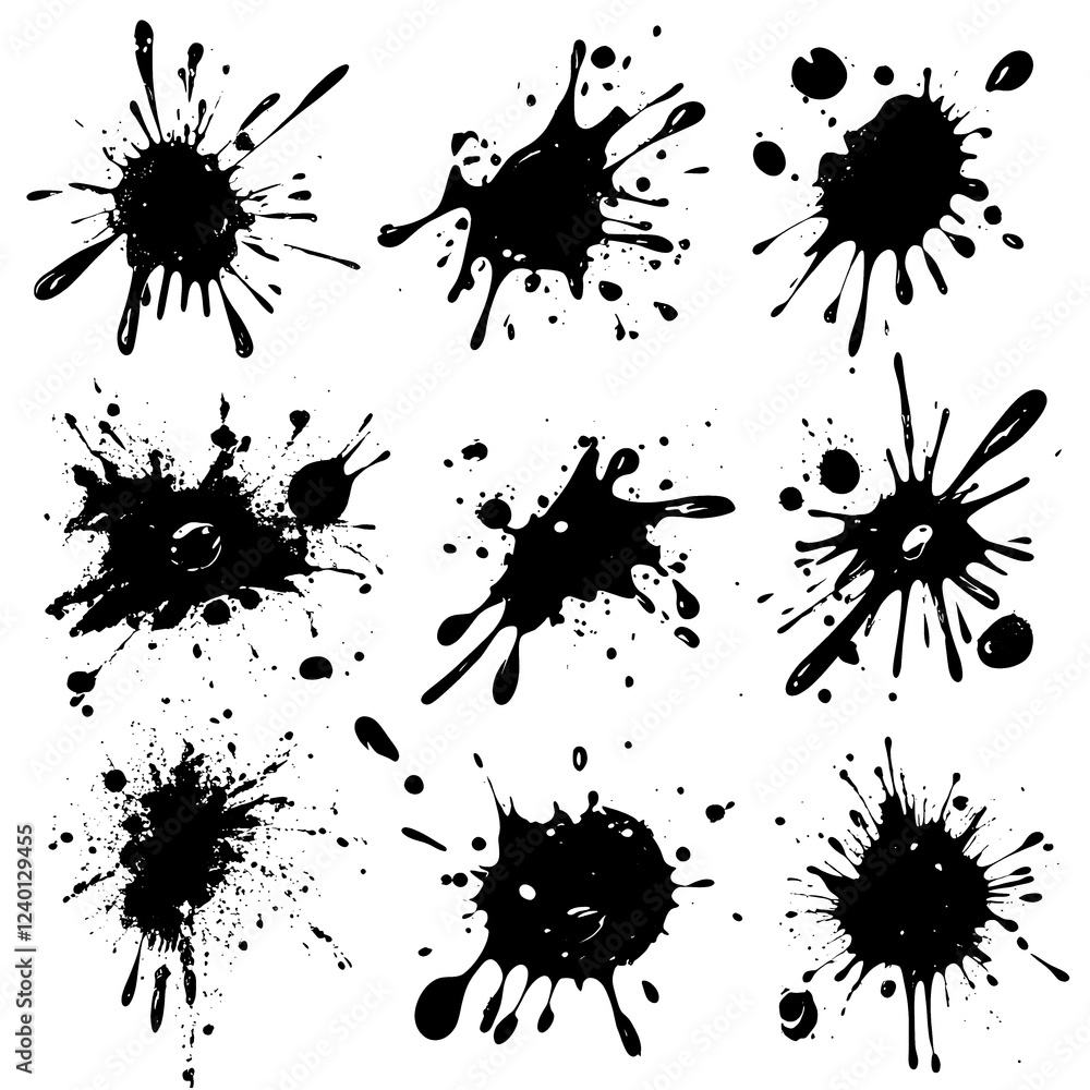 A set of nine black ink splashes and drips featuring varying shapes and styles on a transparent background. Ideal for artistic designs, creative projects, and graphic design applications. A set of nine black ink splashes and drips featuring varying shapes and styles on a transparent background. Ideal for artistic designs, creative projects, and graphic design applications.
