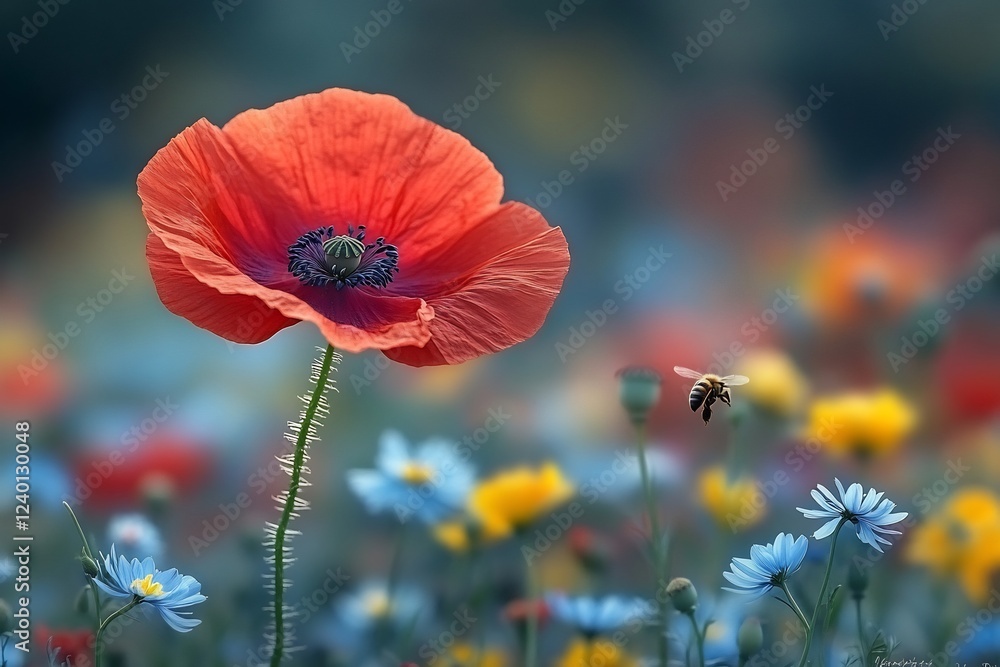 Obraz premium A lone poppy in a vibrant meadow, a bee in flight. Nature's beauty in vivid colors, a serene moment.