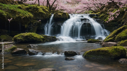 waterfall in the forest with cherry blossom trees
