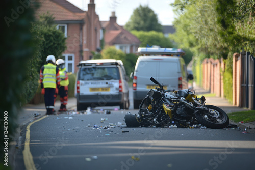 An overturned motorbike near a family van in a suburban area photo