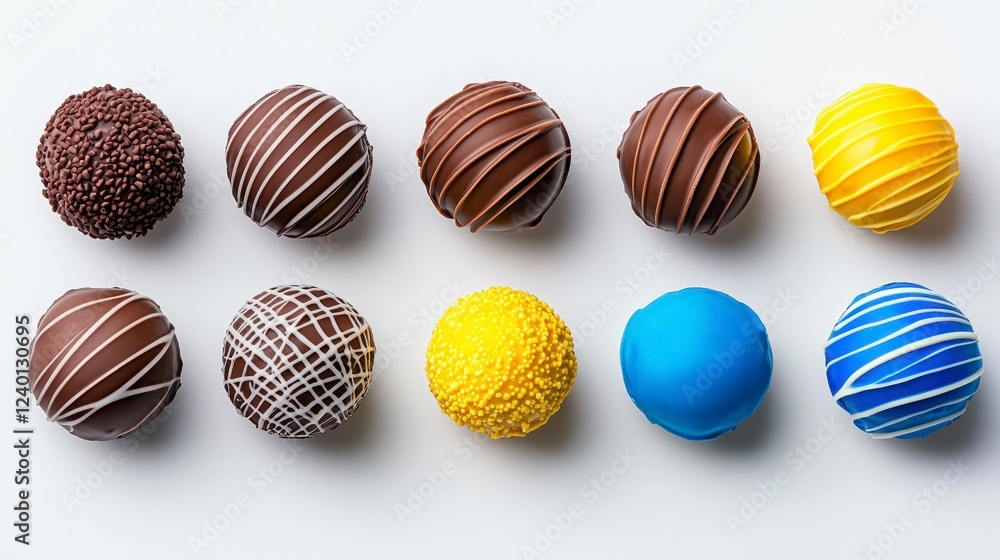 Assorted chocolate truffles arranged artistically on a white background, showcasing vibrant colors and decorative designs. Assorted chocolate truffles arranged artistically on a white background, showcasing vibrant colors and decorative designs.