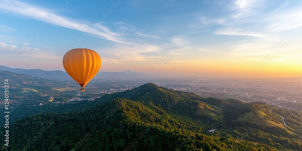 Obraz premium Colorful hot air balloons floating over the mountains at sunrise in Thailand, with a blue sky and white clouds in the background.