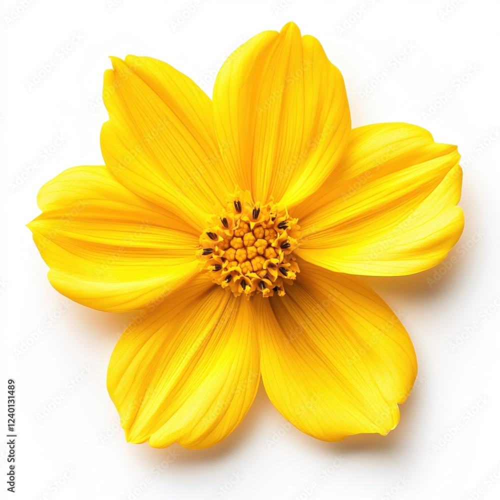 Obraz premium Bright Yellow Flower With Distinctive Petals And Dark Center On A Clean White Background