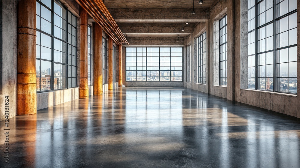 Fototapeta premium Sunlit spacious industrial loft interior with city view.