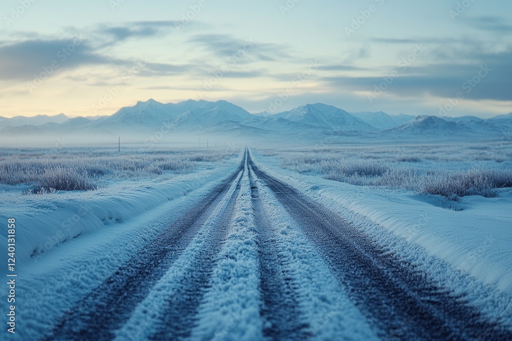 Snowy road leading to distant mountains in winter landscape Snowy road leading to distant mountains in winter landscape