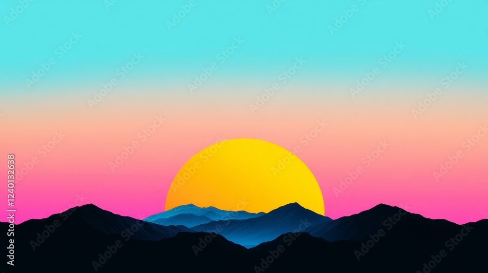 Obraz premium A vibrant sunset over stylized mountains, showcasing a gradient sky with hues of pink, blue, and a large yellow sun.