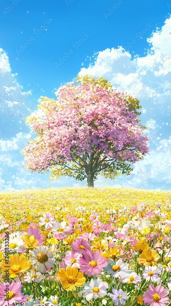 Springtime Serenity: A Blooming Meadow Under a Pastel Tree Springtime Serenity: A Blooming Meadow Under a Pastel Tree