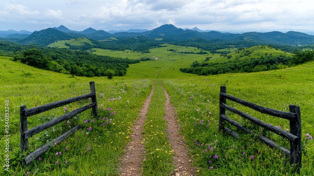 Mountain valley path, green hills, summer day, rural scene Mountain valley path, green hills, summer day, rural scene