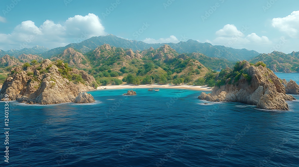 Fototapeta premium Secluded Cove Beach with Boats and Mountain View