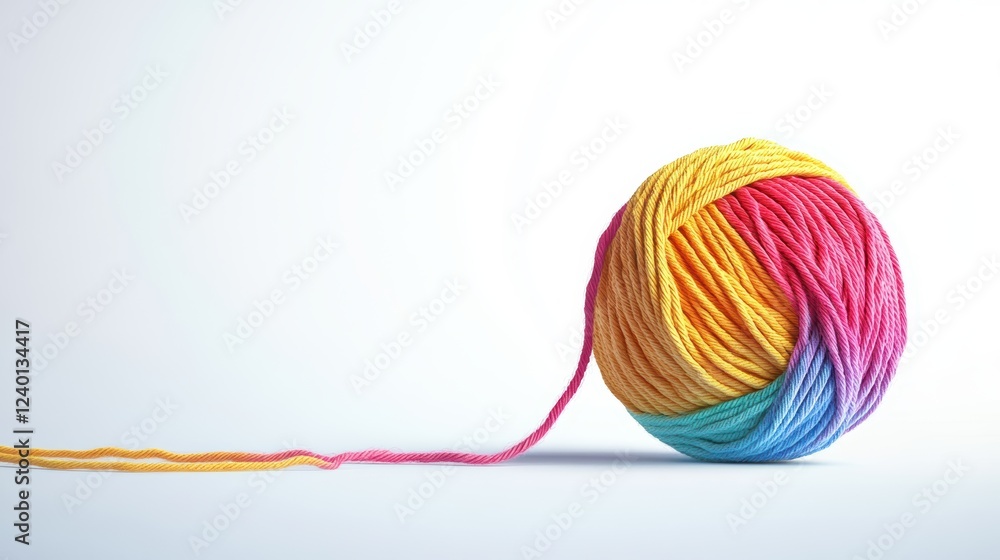a vibrant yarn ball with unwinding thread on a white background, captured from a side angle to emphasize simplicity and the softness of the yarn, maintaining a focus on the minimalistic aesthetic. a vibrant yarn ball with unwinding thread on a white background, captured from a side angle to emphasize simplicity and the softness of the yarn, maintaining a focus on the minimalistic aesthetic.