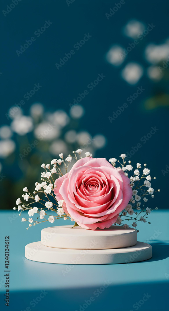 Natural beauty podium backdrop for product display with a delicate pink rose flower, surrounded by smaller white flowers, against a blurred garden background, evoking a fresh and natural vibe. Natural beauty podium backdrop for product display with a delicate pink rose flower, surrounded by smaller white flowers, against a blurred garden background, evoking a fresh and natural vibe.