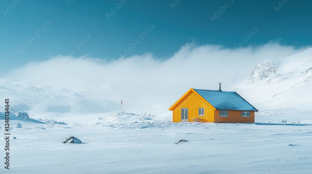 Yellow wooden cabin standing in snowy landscape during winter day Yellow wooden cabin standing in snowy landscape during winter day