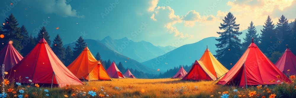 Abstract vibrant backdrop featuring multiple tent clip art, stylish arrangement, image, pattern Abstract vibrant backdrop featuring multiple tent clip art, stylish arrangement, image, pattern
