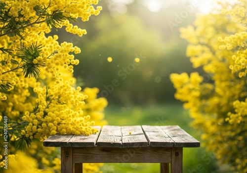 Outdoor scene featuring a wooden table and bright yellow mimosa flowers, creating a natural and cheerful atmosphere