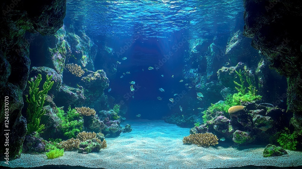 Obraz premium Enthralling Underwater Scene: Vibrant Coral Reef, Diverse Marine Life, and Sunlit Depths