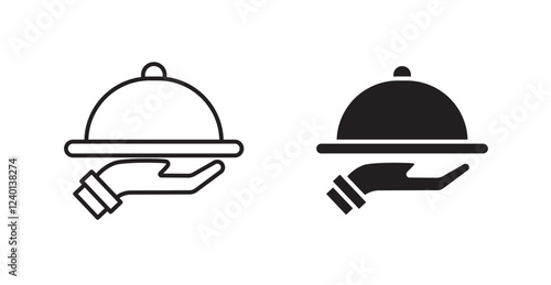 Hand holding tray thin line and fill vector icons set