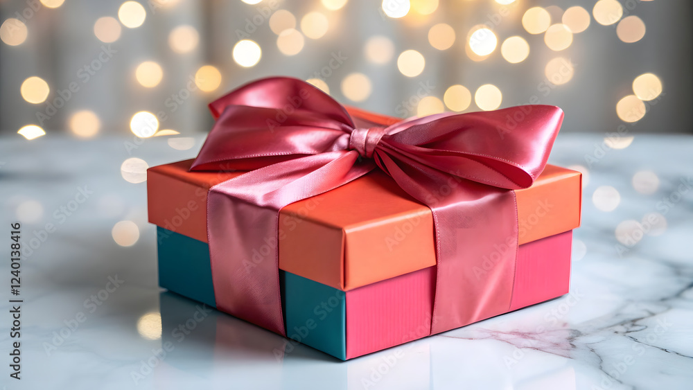 Gift box with vibrant ribbon on marble surface and bokeh lights. Gift box with vibrant ribbon on marble surface and bokeh lights.